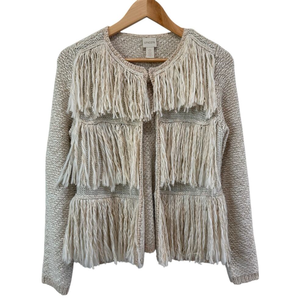 Chico's Kyleigh Boho Fringe Open Cardigan Neutral Cream‎ Sz 0 US S Festive Retro